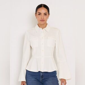 Scripted Ivory Denim Peplum Jacket with Bell Sleeves – Size Medium
